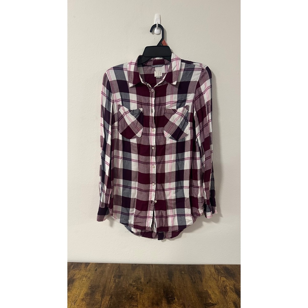 A New Day Womens Plaid Flannel Button Down Shirt Burgundy Pink Size M